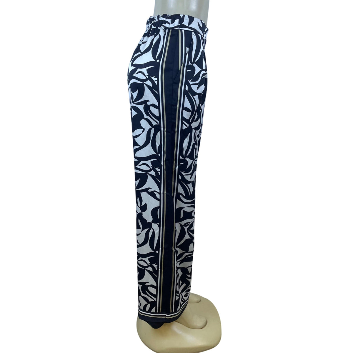 Loft Women’s Black White Polyester Wide-Leg Printed Pants Elastic Waist Sz XS