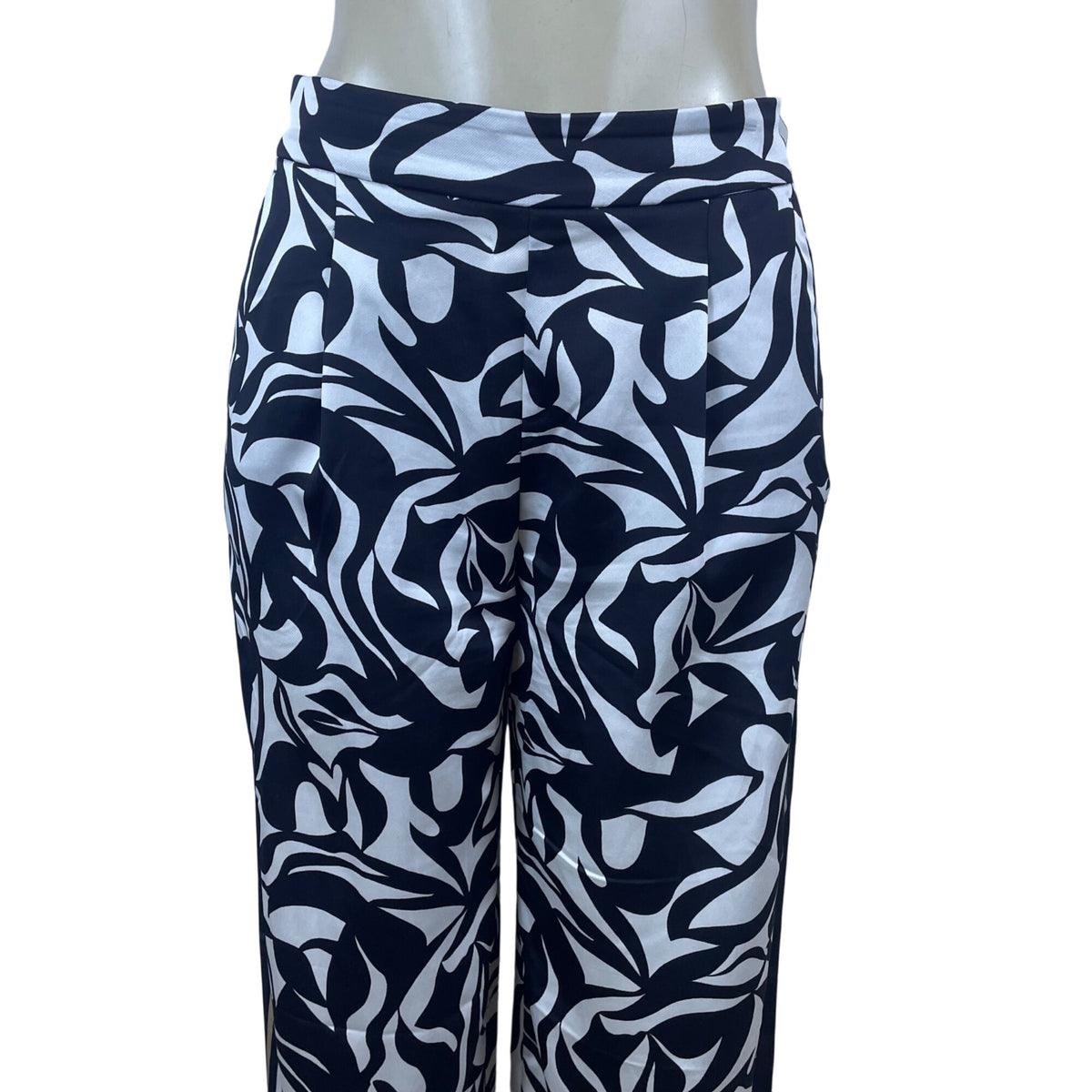 Loft Women’s Black White Polyester Wide-Leg Printed Pants Elastic Waist Sz XS