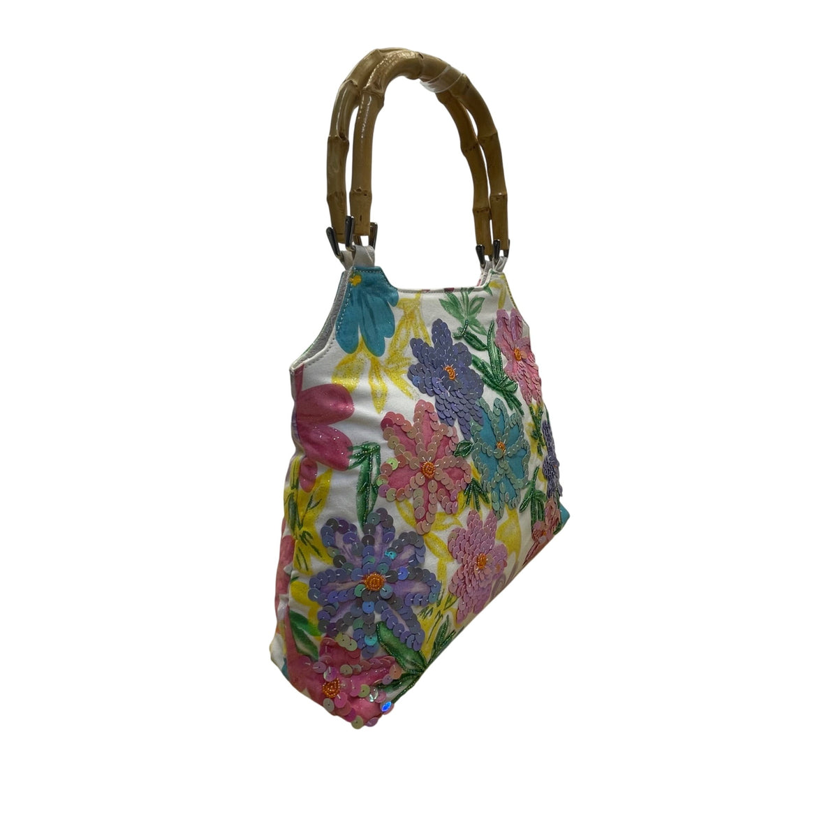 Milenium Women’s White Canvas Sequined Flowers With Bamboo Handles Tote Bag