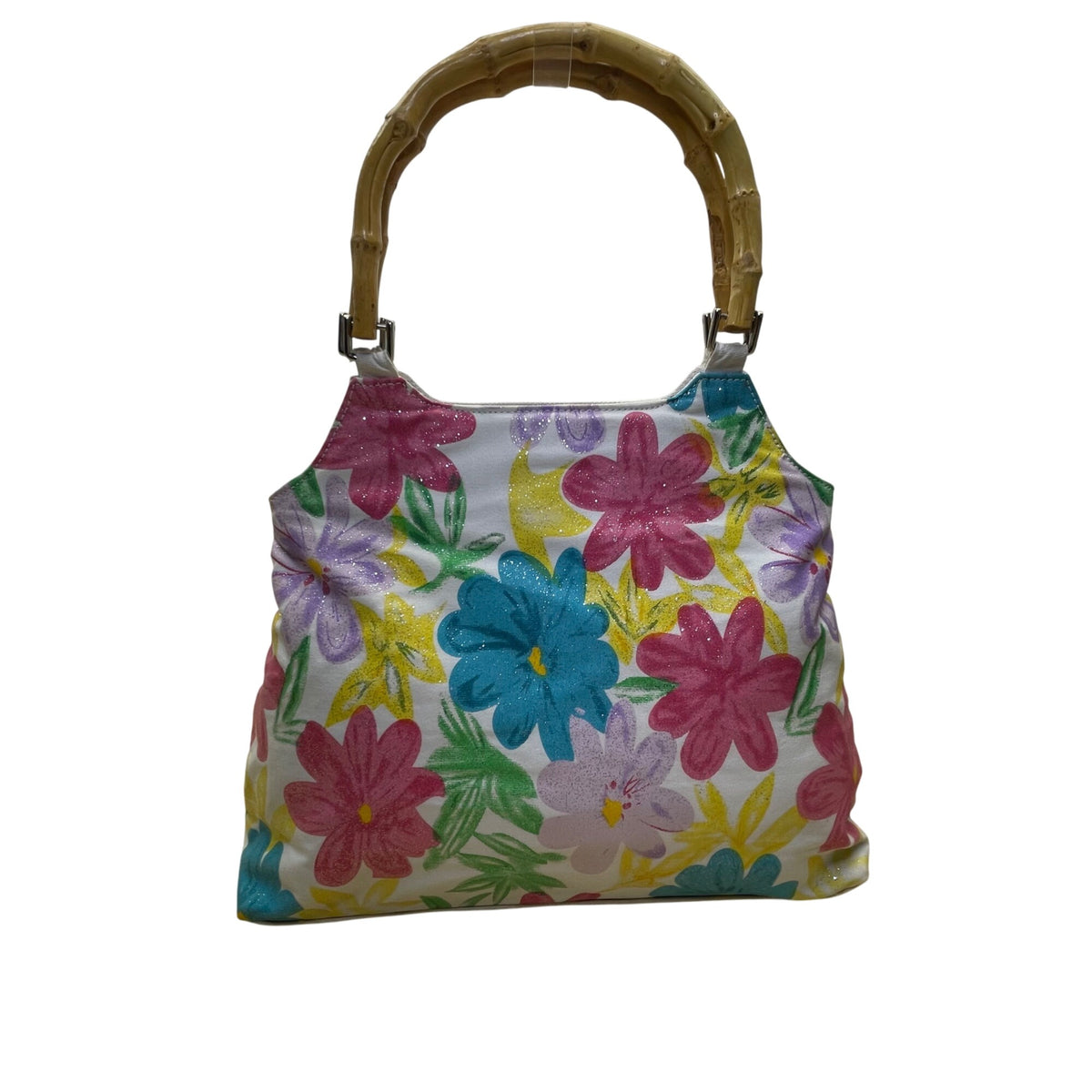 Milenium Women’s White Canvas Sequined Flowers With Bamboo Handles Tote Bag