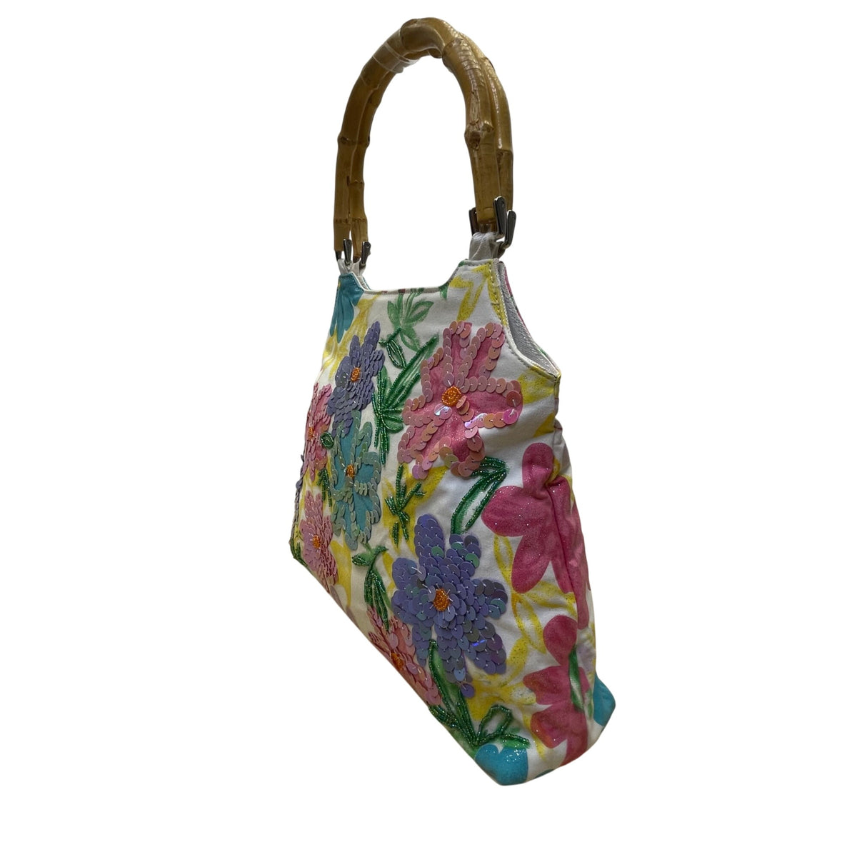 Milenium Women’s White Canvas Sequined Flowers With Bamboo Handles Tote Bag