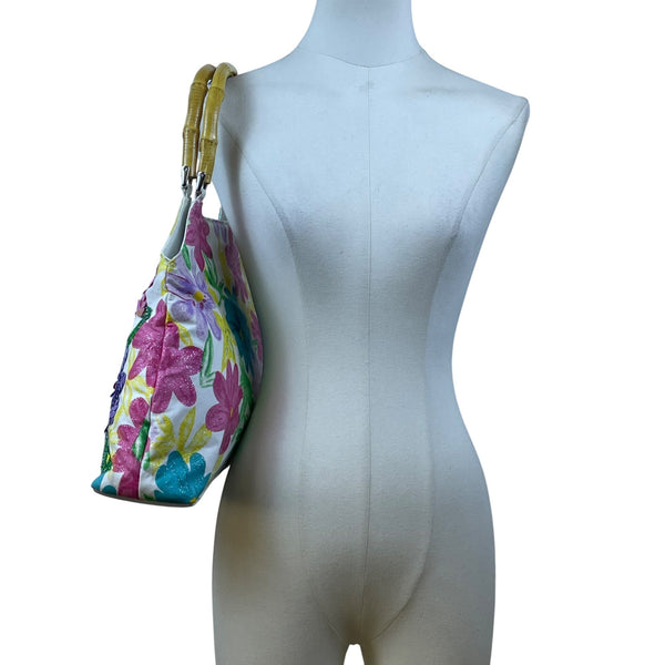 Milenium Women’s White Canvas Sequined Flowers With Bamboo Handles Tote Bag