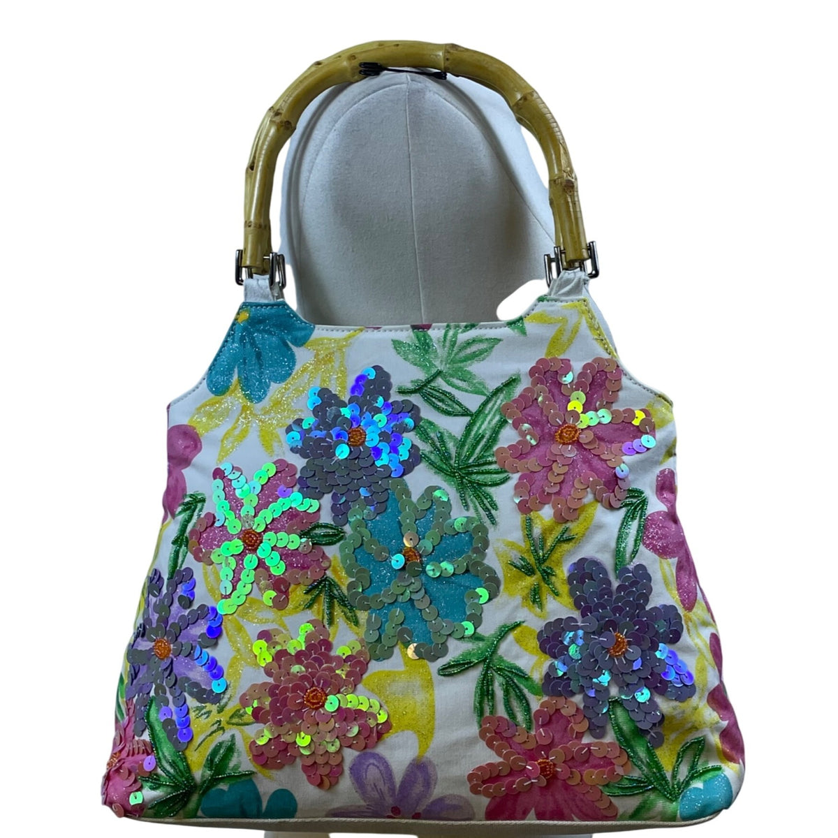 Milenium Women’s White Canvas Sequined Flowers With Bamboo Handles Tote Bag
