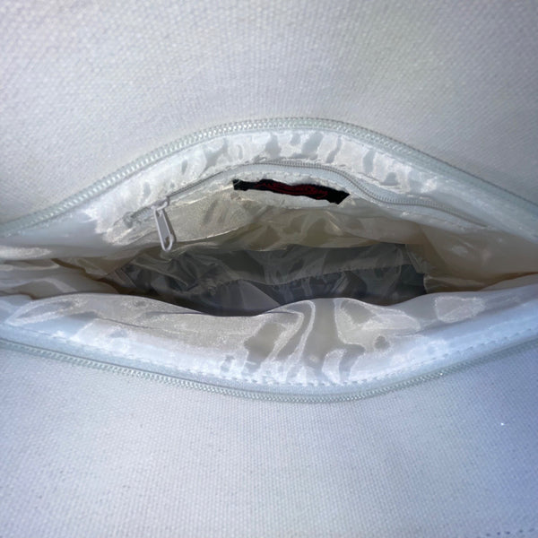 Milenium Women’s White Canvas Sequined Flowers With Bamboo Handles Tote Bag