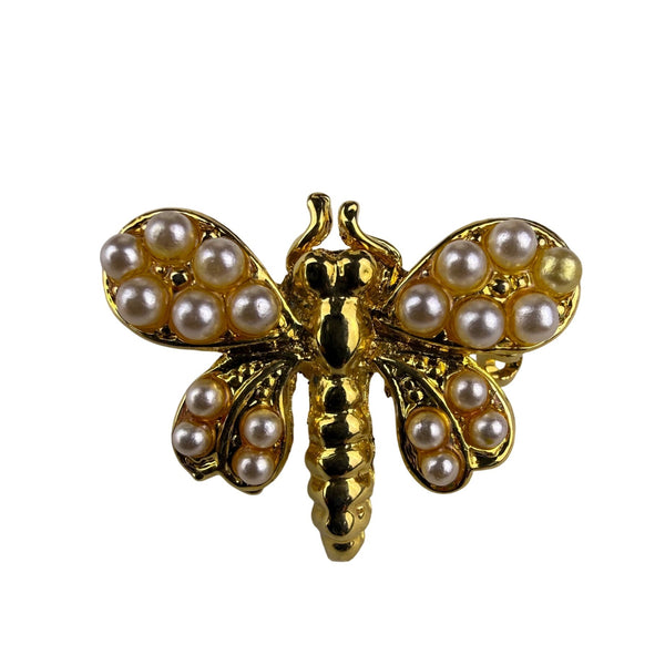 Gold Tone Butterfly Brooch Pin Faux Pearl Accents Vintage Fashionable Design