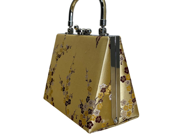 Gold Floral Brocade With Silver Metallic Handle & Clasp Closure Handbag Size S