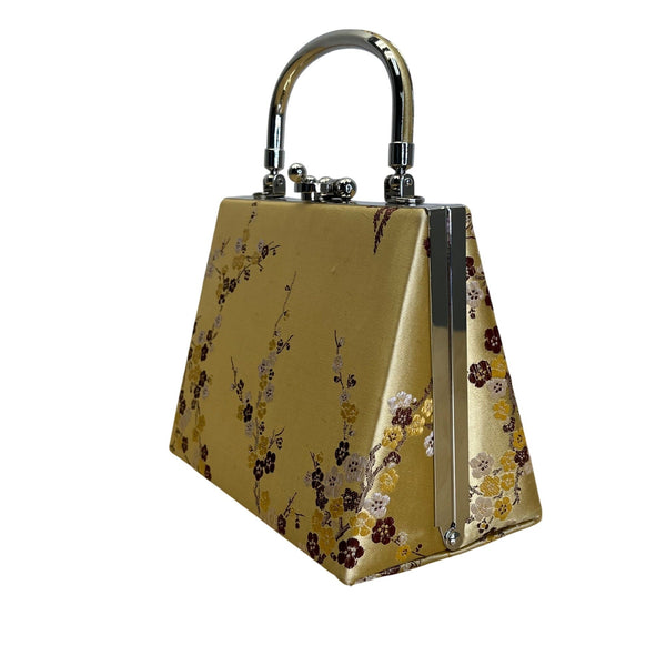 Gold Floral Brocade With Silver Metallic Handle & Clasp Closure Handbag Size S