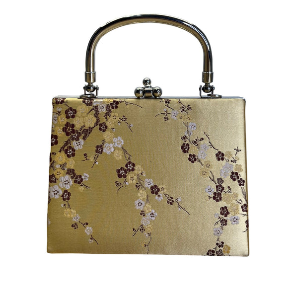 Gold Floral Brocade With Silver Metallic Handle & Clasp Closure Handbag Size S