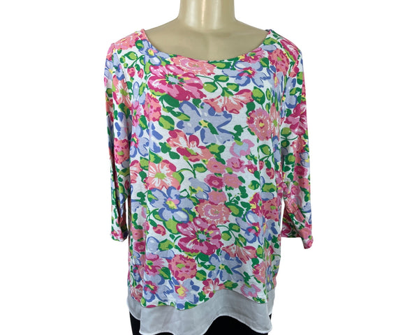 Talbots Floral Print 3/4 Sleeve Lightweight Top With White Layered Hem Sz XL