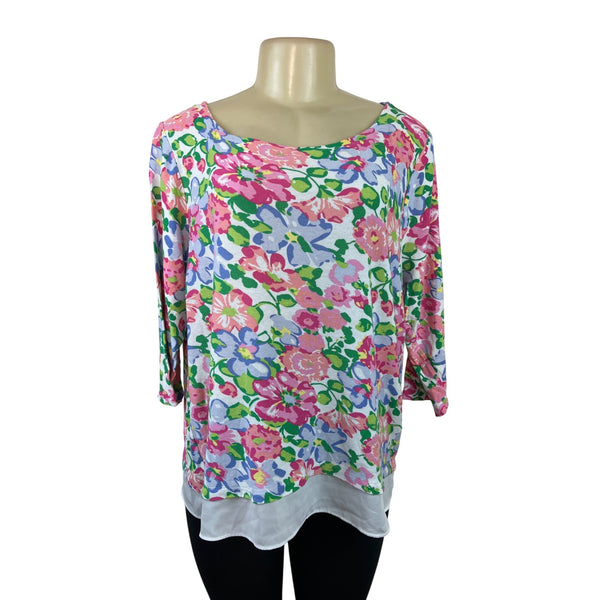 Talbots Floral Print 3/4 Sleeve Lightweight Top With White Layered Hem Sz XL