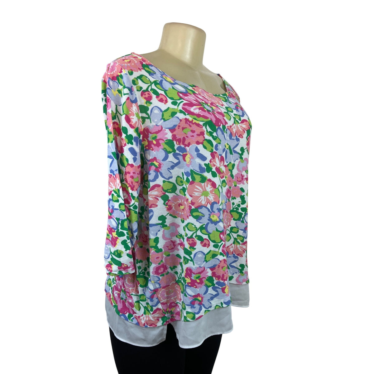 Talbots Floral Print 3/4 Sleeve Lightweight Top With White Layered Hem Sz XL