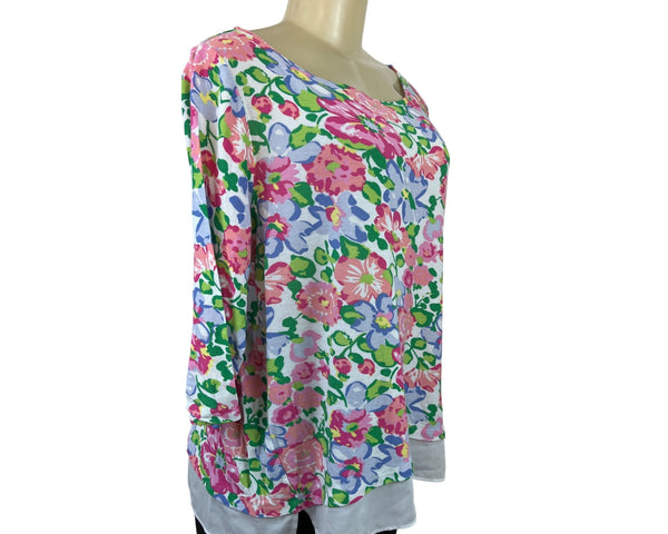 Talbots Floral Print 3/4 Sleeve Lightweight Top With White Layered Hem Sz XL