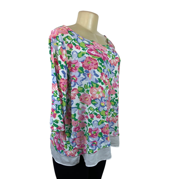 Talbots Floral Print 3/4 Sleeve Lightweight Top With White Layered Hem Sz XL