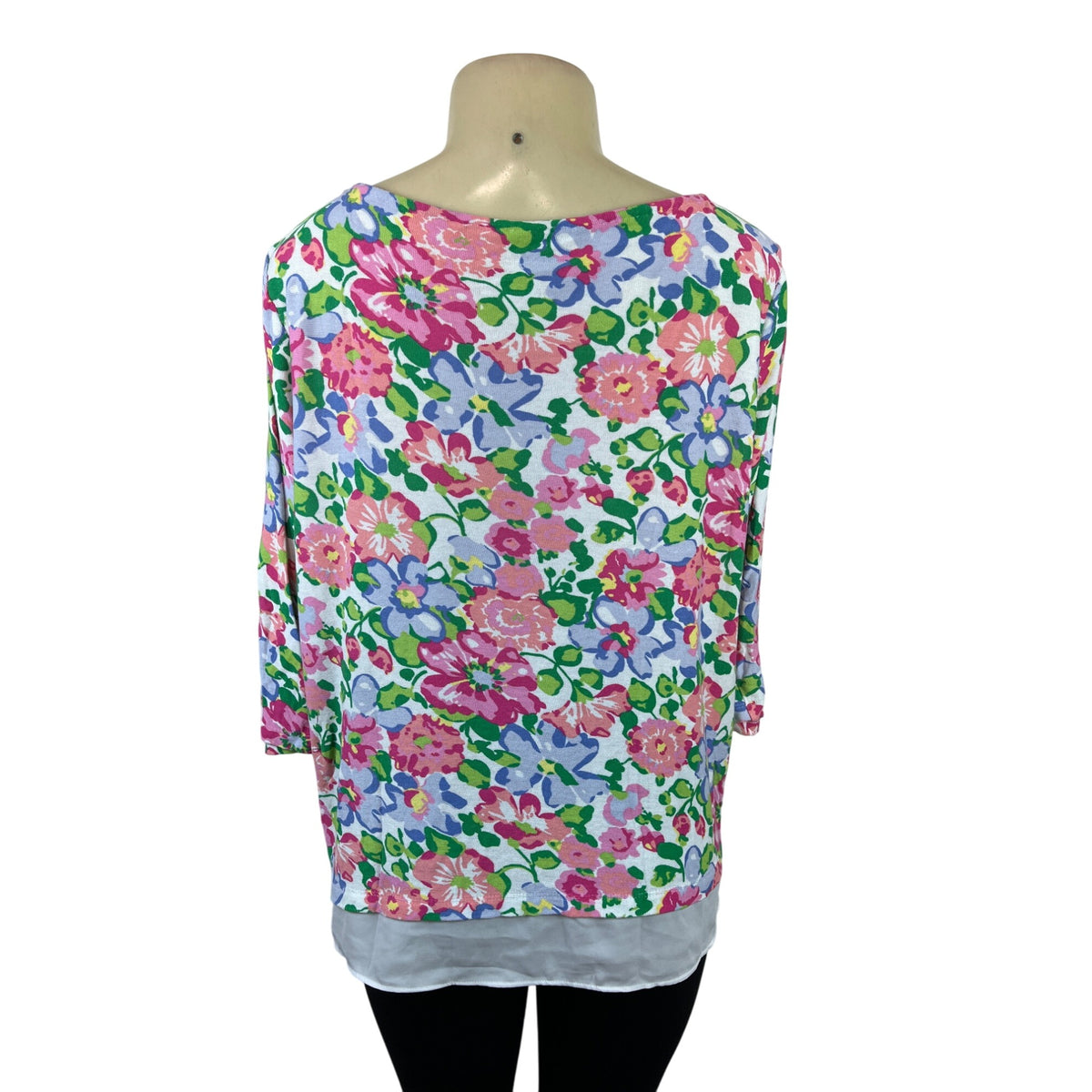 Talbots Floral Print 3/4 Sleeve Lightweight Top With White Layered Hem Sz XL
