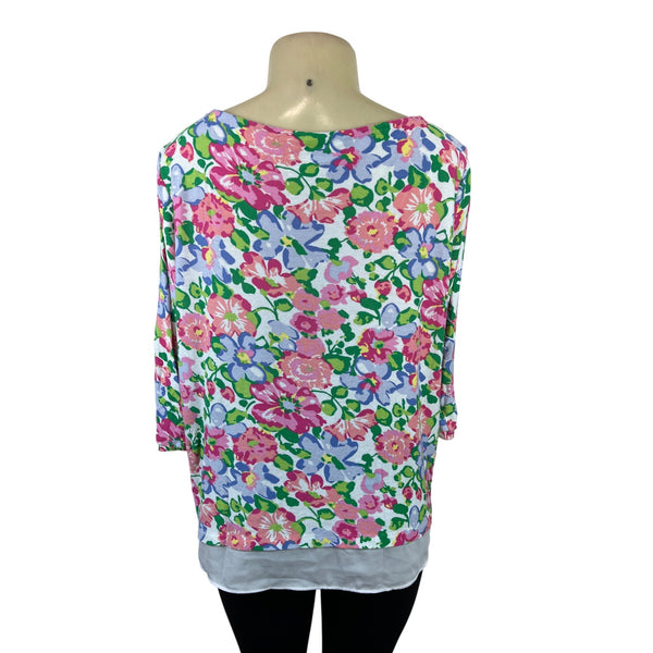 Talbots Floral Print 3/4 Sleeve Lightweight Top With White Layered Hem Sz XL