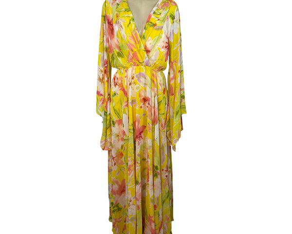 Meghan Los Angeles Women Yellow Floral Maxi Dress With Bell Sleeves Sz L - New