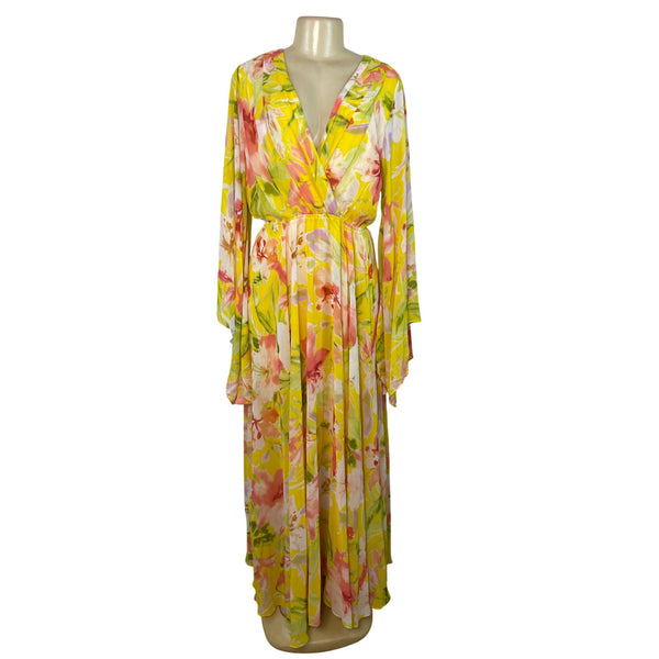 Meghan Los Angeles Women Yellow Floral Maxi Dress With Bell Sleeves Sz L - New