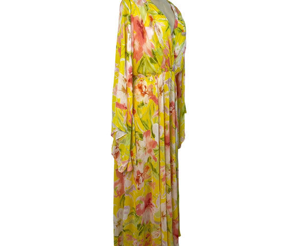 Meghan Los Angeles Women Yellow Floral Maxi Dress With Bell Sleeves Sz L - New