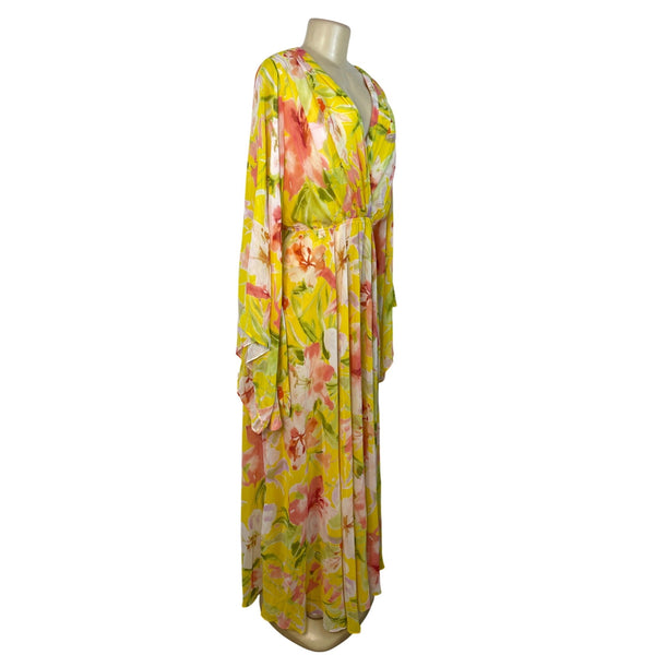 Meghan Los Angeles Women Yellow Floral Maxi Dress With Bell Sleeves Sz L - New