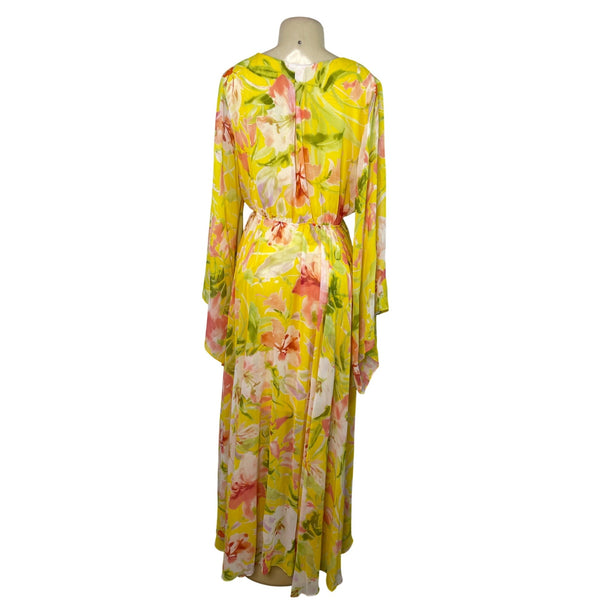 Meghan Los Angeles Women Yellow Floral Maxi Dress With Bell Sleeves Sz L - New