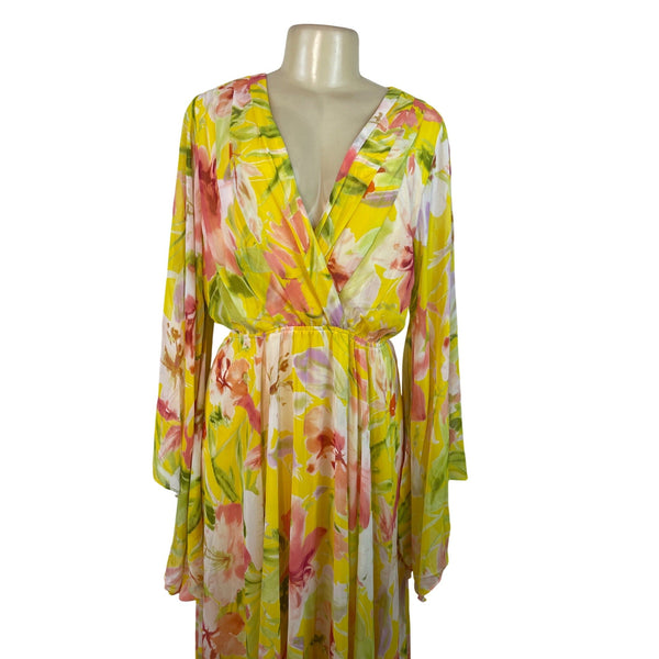 Meghan Los Angeles Women Yellow Floral Maxi Dress With Bell Sleeves Sz L - New