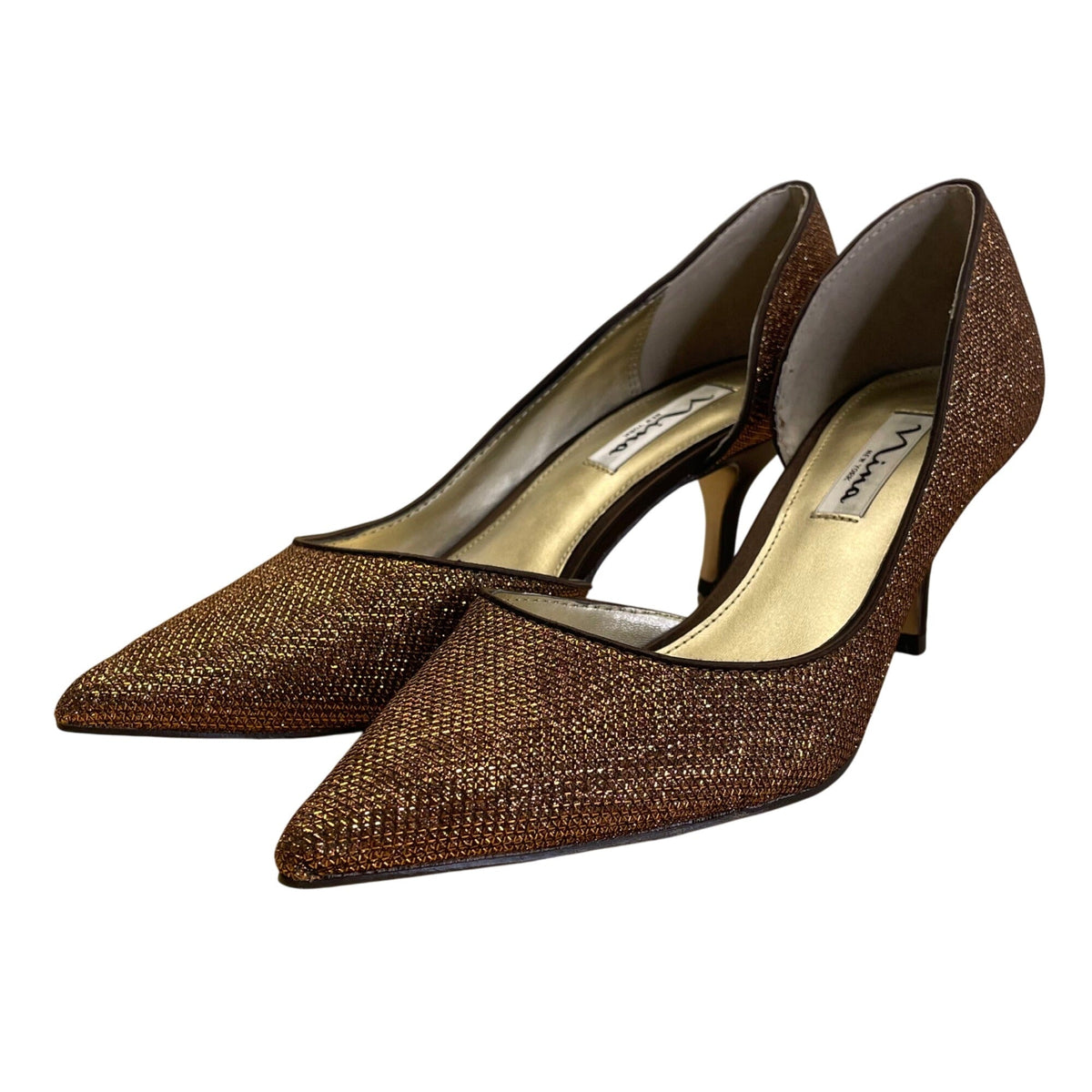 Nina New York Bronze Glitter & Leather Sole Pointed-Toe Stiletto Heels 7.5M