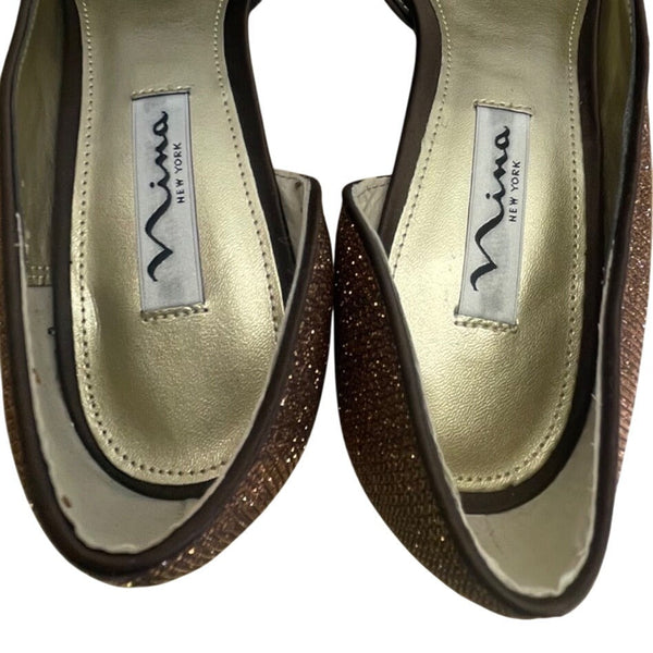 Nina New York Bronze Glitter & Leather Sole Pointed-Toe Stiletto Heels 7.5M