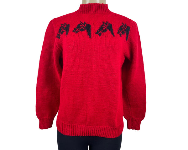 Handmade Knitted Red Sz M/L Sweater With Black Horse Design Long Sleeve Crew Neck