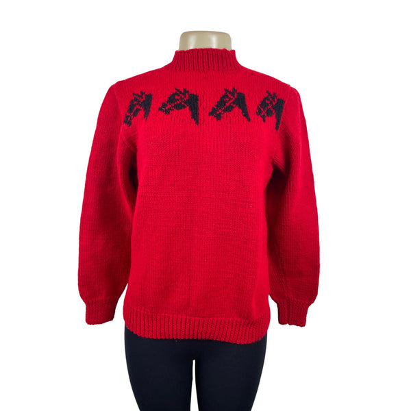 Handmade Knitted Red Sz M/L Sweater With Black Horse Design Long Sleeve Crew Neck