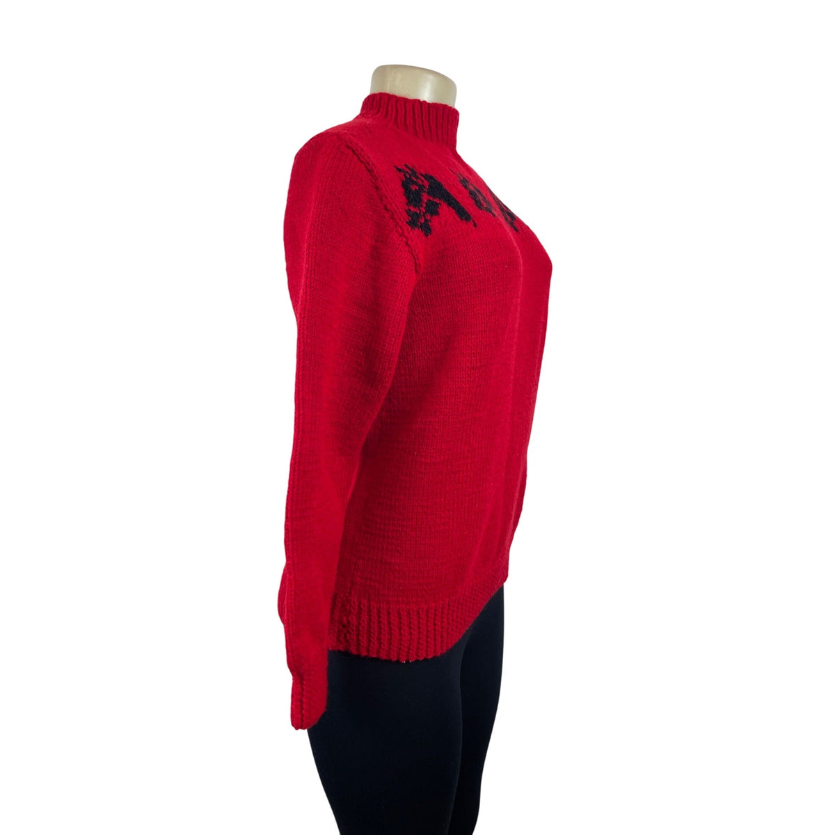 Handmade Knitted Red Sz M/L Sweater With Black Horse Design Long Sleeve Crew Neck