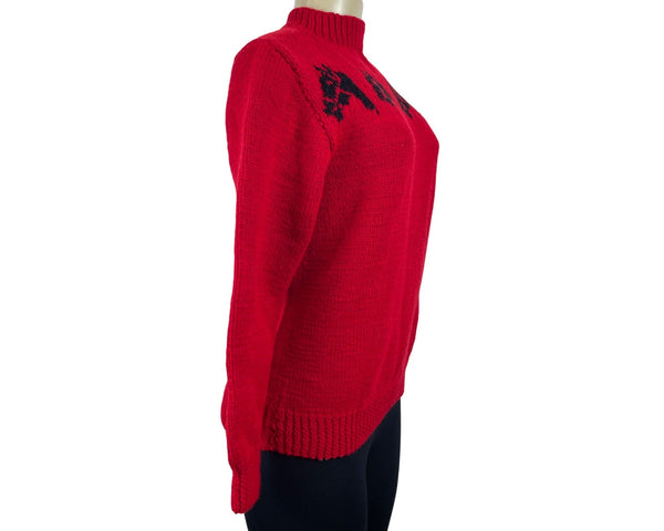 Handmade Knitted Red Sz M/L Sweater With Black Horse Design Long Sleeve Crew Neck