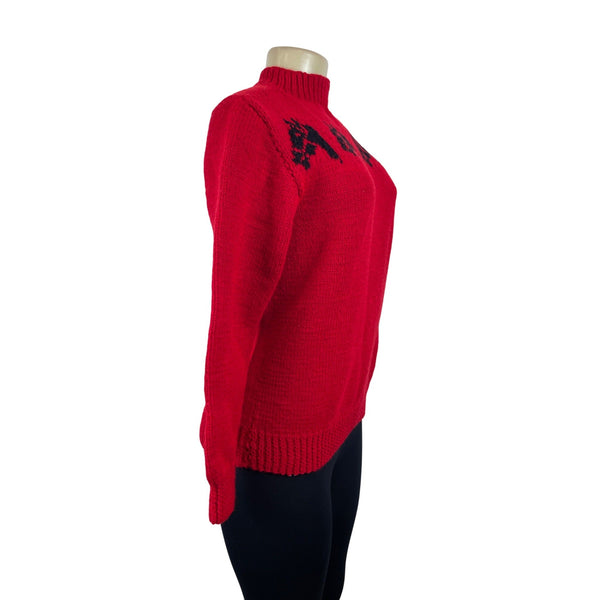 Handmade Knitted Red Sz M/L Sweater With Black Horse Design Long Sleeve Crew Neck