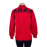 Handmade Knitted Red Sz M/L Sweater With Black Horse Design Long Sleeve Crew Neck