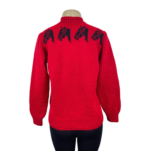 Handmade Knitted Red Sz M/L Sweater With Black Horse Design Long Sleeve Crew Neck