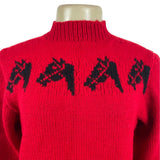 Handmade Knitted Red Sz M/L Sweater With Black Horse Design Long Sleeve Crew Neck
