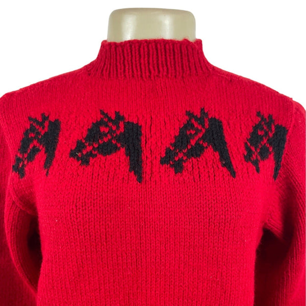 Handmade Knitted Red Sz M/L Sweater With Black Horse Design Long Sleeve Crew Neck
