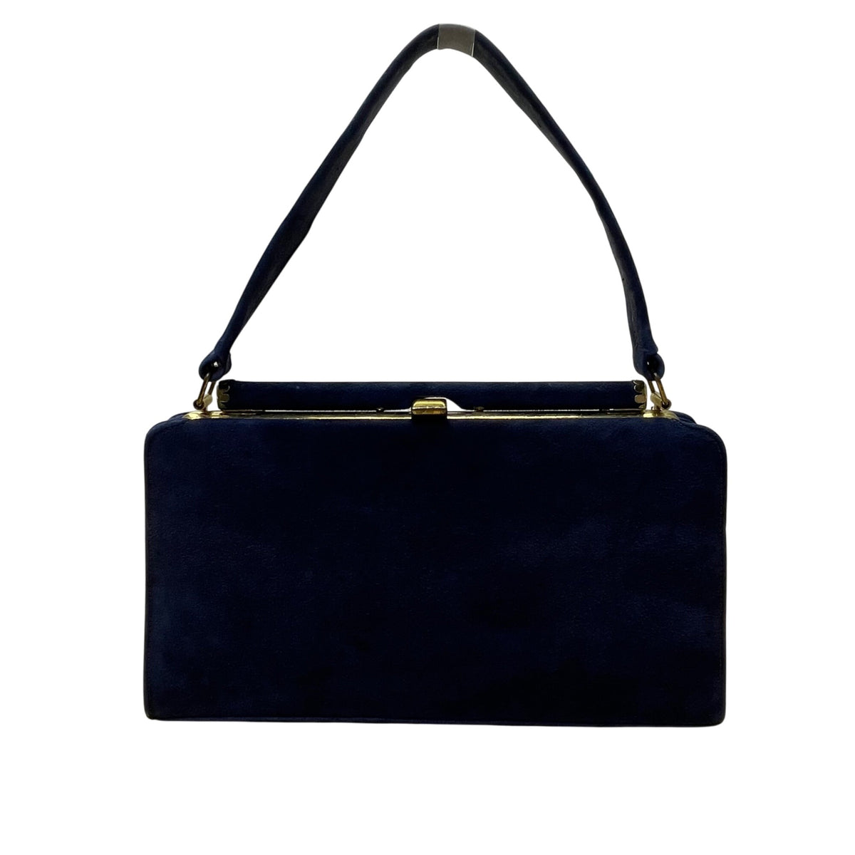 Vintage Navy Blue Suede Gold-Tone Frame Snap Closure Evening Clutch Size M
