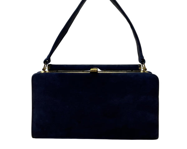 Vintage Navy Blue Suede Gold-Tone Frame Snap Closure Evening Clutch Size M