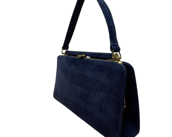 Vintage Navy Blue Suede Gold-Tone Frame Snap Closure Evening Clutch Size M