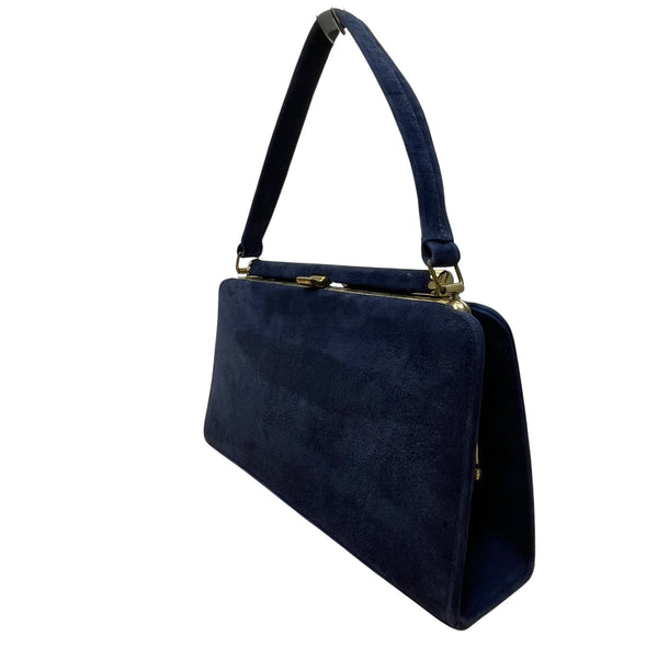Vintage Navy Blue Suede Gold-Tone Frame Snap Closure Evening Clutch Size M