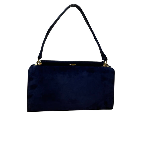 Vintage Navy Blue Suede Gold-Tone Frame Snap Closure Evening Clutch Size M