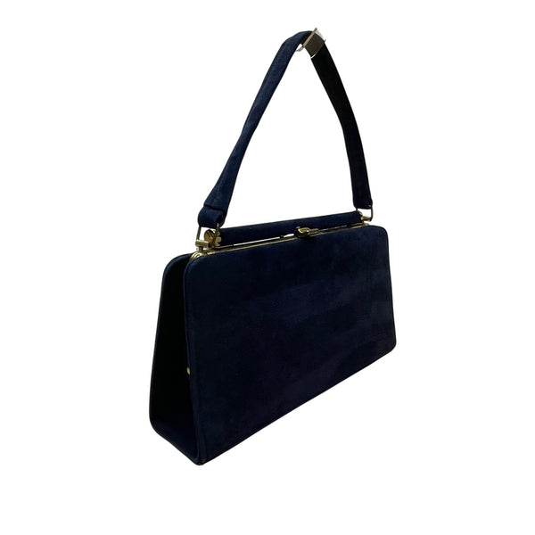 Vintage Navy Blue Suede Gold-Tone Frame Snap Closure Evening Clutch Size M