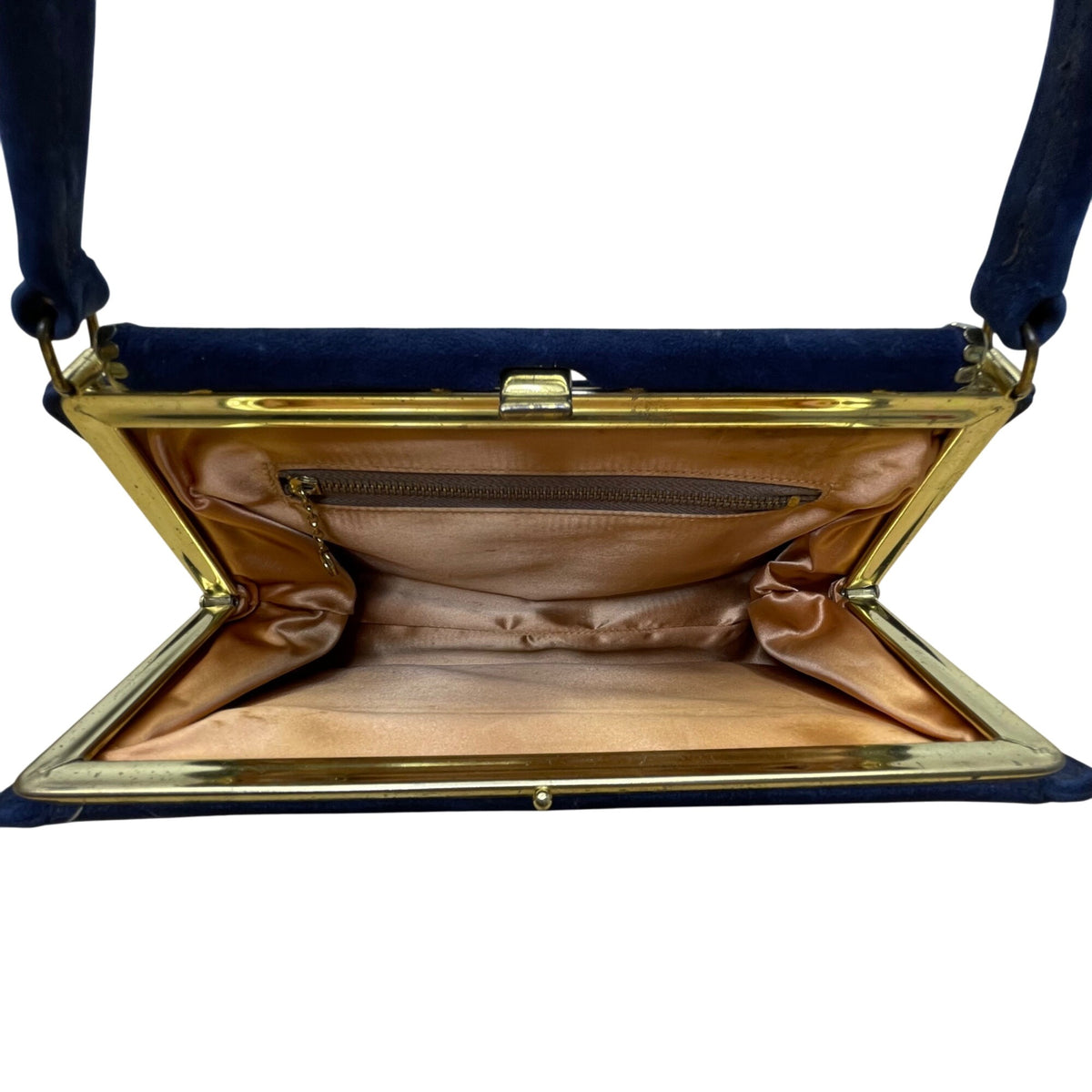Vintage Navy Blue Suede Gold-Tone Frame Snap Closure Evening Clutch Size M