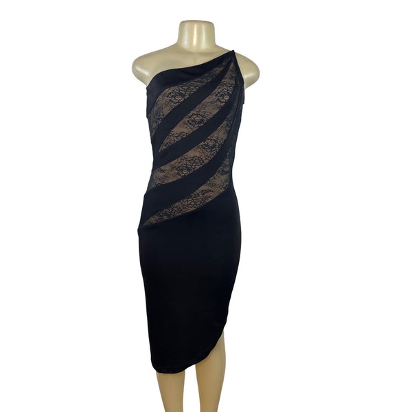 Cache Black One-Shoulder Lace Panel Midi Dress Medium Elegant Evening Wear Sz M