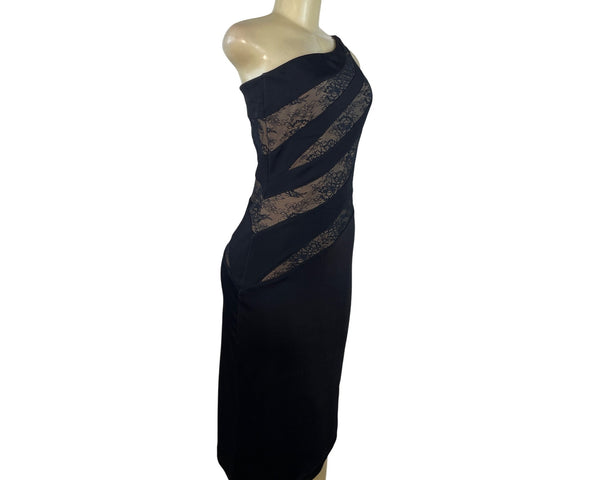 Cache Black One-Shoulder Lace Panel Midi Dress Medium Elegant Evening Wear Sz M