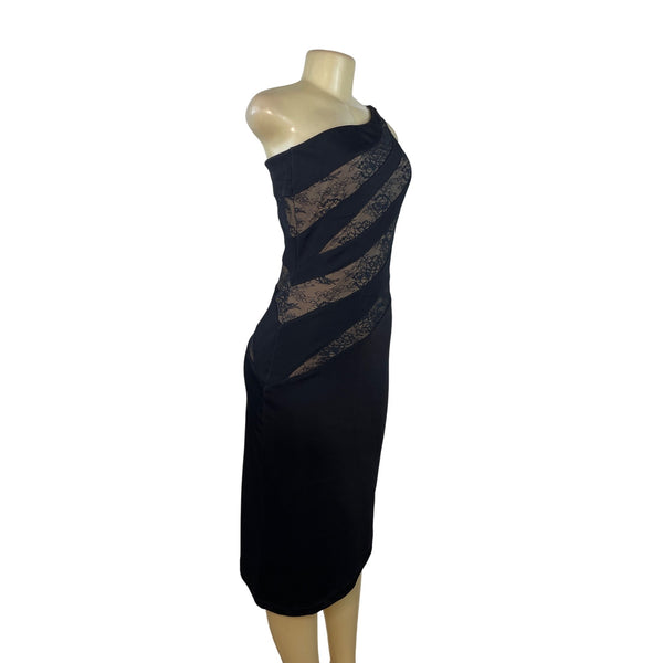 Cache Black One-Shoulder Lace Panel Midi Dress Medium Elegant Evening Wear Sz M