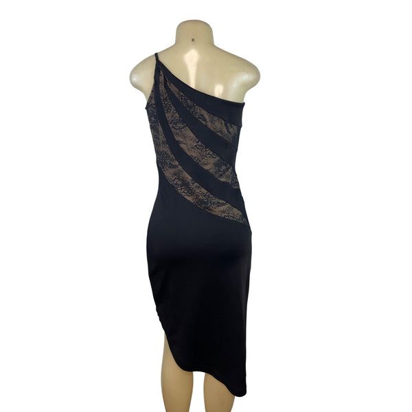 Cache Black One-Shoulder Lace Panel Midi Dress Medium Elegant Evening Wear Sz M
