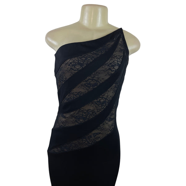 Cache Black One-Shoulder Lace Panel Midi Dress Medium Elegant Evening Wear Sz M