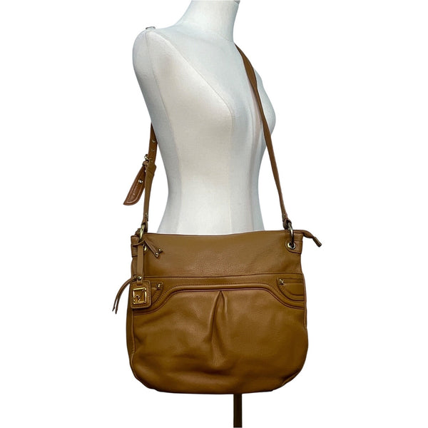 Stone Mountain Brown Leather Gold-Tone Accents Multi-Pockets Crossbody Bag Sz M