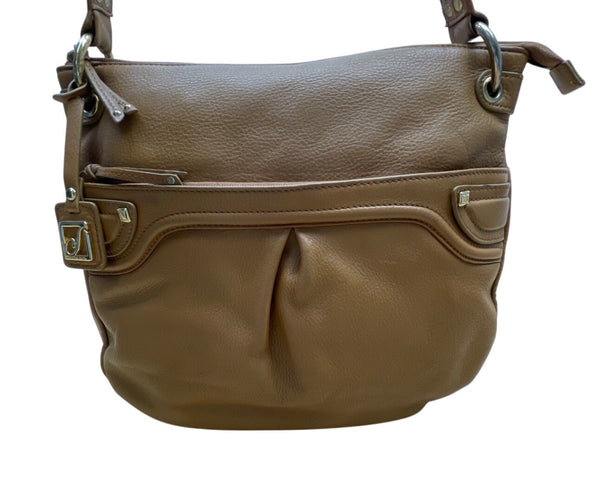 Stone Mountain Brown Leather Gold-Tone Accents Multi-Pockets Crossbody Bag Sz M